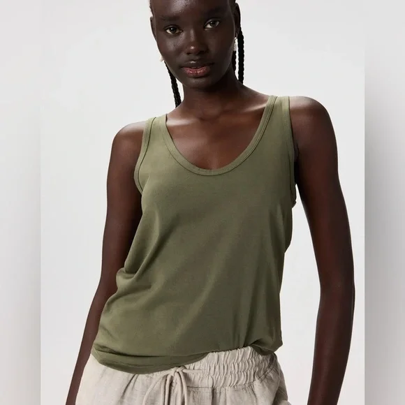 Quince Cotton Modal Double Scoop Neck Tank- Green- Large - Picture 2 of 11